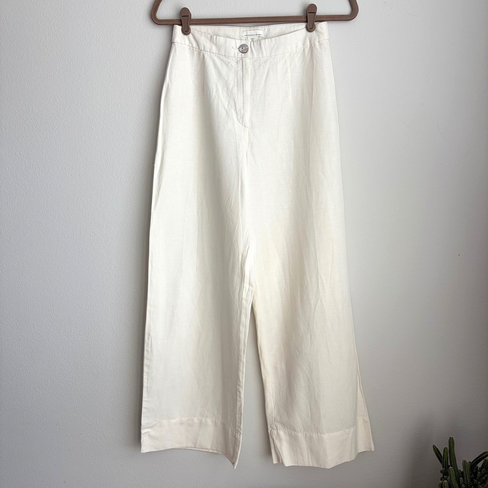 H&M Women Cream Linen Blend High Waisted Wide Leg Trousers Size 2 Off White